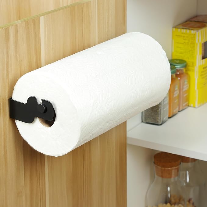 ZUNTO Black Paper Towel Holder Cabinet Door or Under Cabinet - Self Adhesive Big Roll Rack, Wall Mount Paper Towel Bar for Kitchen, Stainless Steel, - Image 3
