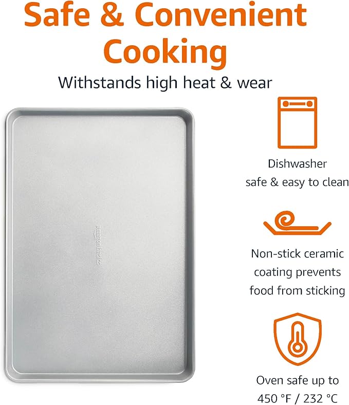 Amazon Basics Ceramic Nonstick Baking Sheet & Cooling Rack Set, Dishwasher Safe, Oven Safe, Half Sheet Size, Gray, 1-Pack - Image 3