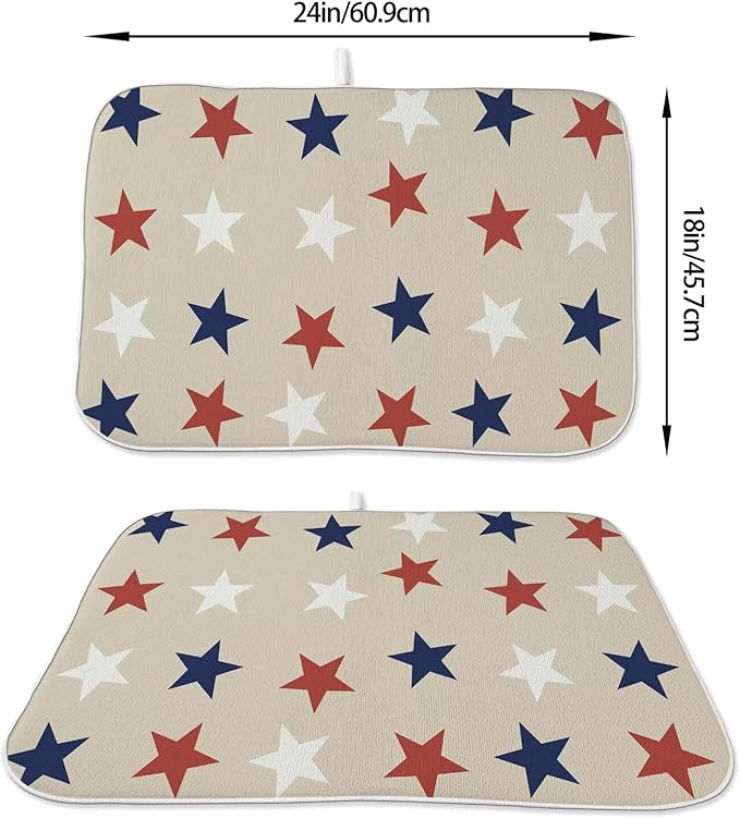 4th of July Dish Drying Mat 18 x 24 inch Independence Day Blue Red White Stars Patriotic Decorative Drying Mats Microfiber Absorbent Dish Washable Draining Mat for Kitchen Counter Decor