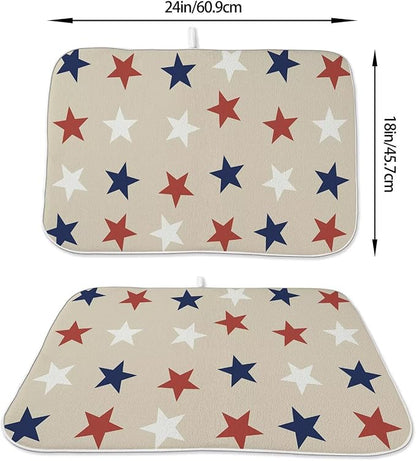 4th of July Dish Drying Mat 18 x 24 inch Independence Day Blue Red White Stars Patriotic Decorative Drying Mats Microfiber Absorbent Dish Washable Draining Mat for Kitchen Counter Decor