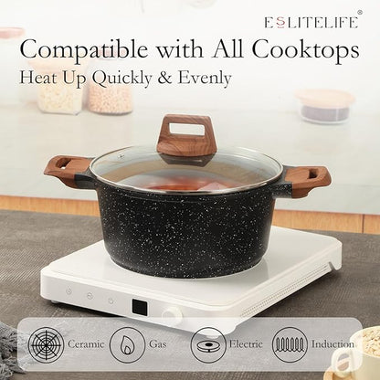 ESLITE LIFE Nonstick Stock Pot with Lid, 3 Quart Granite Casserole Small Soup Pot Pasta Cooking Pot, Induction Compatible, PTFE & PFOA Free, Black - Image 4