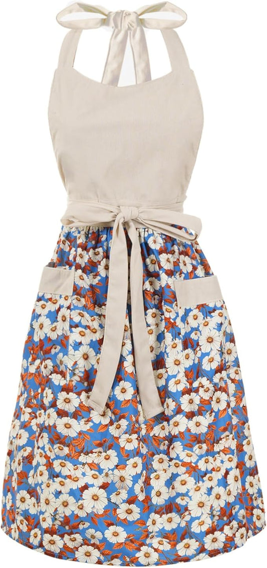 Cute Floral Aprons for Women with Pockets,Cotton Adjustable Neck Strap Apron for Kitchen Cooking Baking Gardening