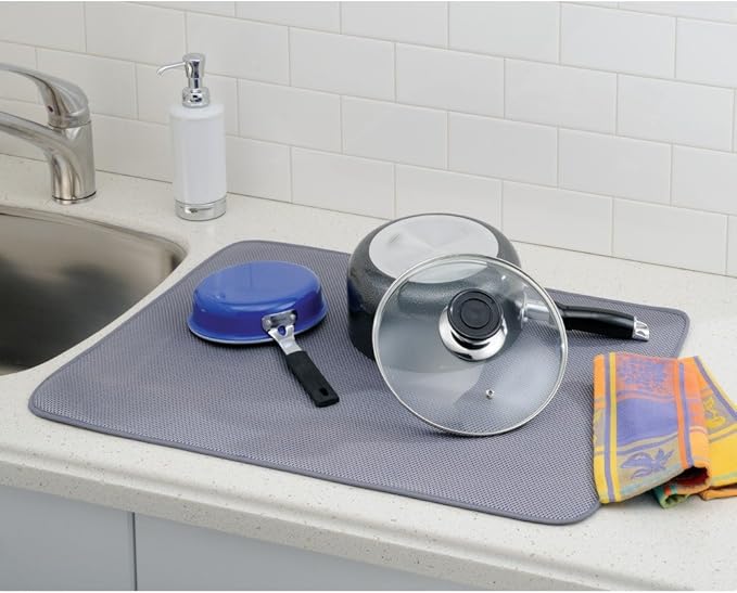 iDry Absorbent Kitchen Countertop Dish Drying Mat - 24" x 18", Pewter/Ivory