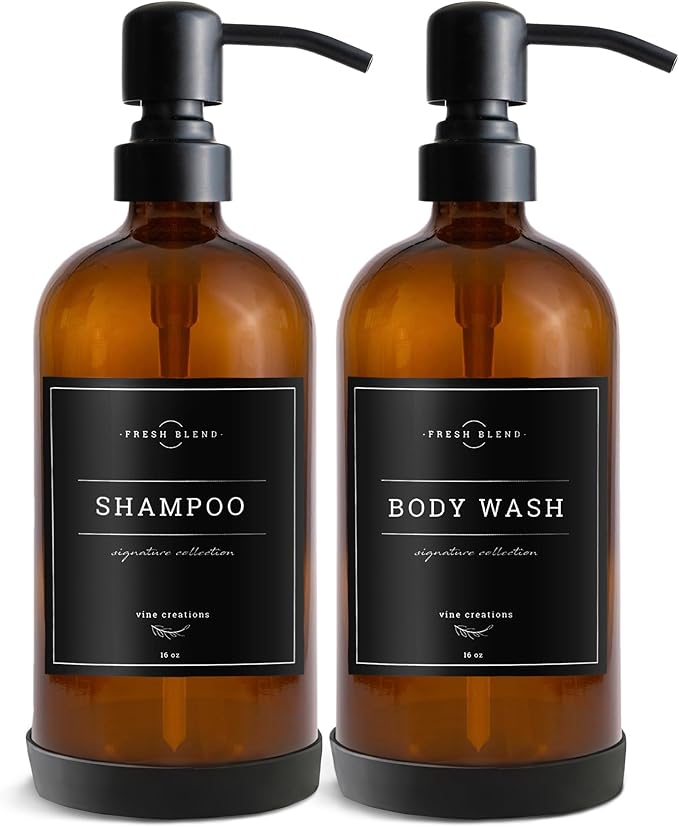 Vine Creations Amber Glass Soap Dispenser, 2 Pack Kitchen Soap Dispenser Set with Stainless Steel Pump, 16 oz Dish Soap and Hand Soap Dispensers for Bathroom with Waterproof Labels - Image 7