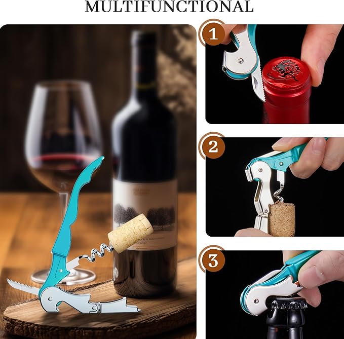 HYZ 2-Pack Wine Opener Waiter Corkscrew, Professional Wine Key for Servers, Bartender with Foil Cutter, Manual Wine Bottle Opener Double Hinged (Blue) - Image 5