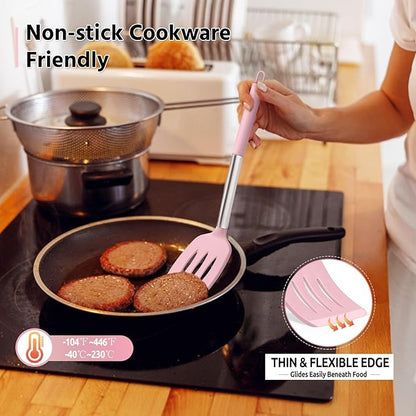 E-far Cooking Utensils Set of 4, Silicone Kitchen Utensils for Non-stick Cookware, Heat Resistant & Non-toxic Slotted Spatula Solid Spoon Turner for Flipping Mixing Serving Basting(Pink) - Image 5