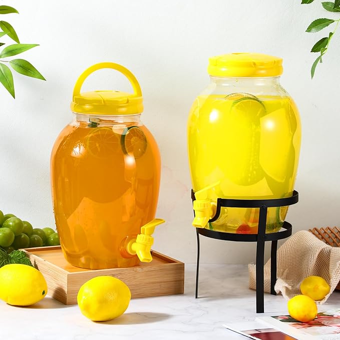 Havawish 2 Pack Drink Beverage Dispenser with Stand for Parties 1.16 Gallon Plastic Water Lemonade Juice Dispenser with Spigot and Lid for Countertop Weddings (Yellow)