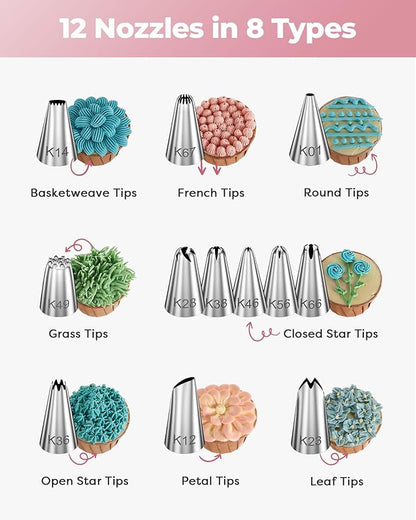 Kootek 71PCs Cake Decorating Kit, Baking Supplies Tools - Includes Cake Stand Turntable, 12 Icing Piping Tips Set, 2 Frosting Spatulas, 3 Scrapers, 50+2 Piping Bags, Coupler, Video Tutorial, Booklet - Image 2