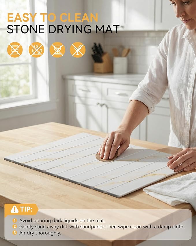 Yofidra Large Stone Dish Drying Mat for Kitchen Counter, Quick Dry Stone Mats with Absorbent Diatomaceous Earth, Foldable Roll Up Drying Organizer Pad for Utensils Plate, 24"×16", White Gold Marble - Image 7