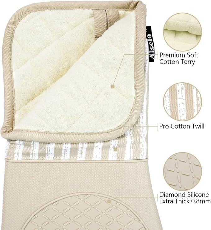 Alselo Silicone Oven Mitts Heat Resistant 932℉ with Waterproof & Non-Slip Kitchen Mittens, Set of 2 Extra Long Oven Gloves with Soft Cotton Terry Lining for Baking Cooking Barbecue (Khaki, 2) - Image 3