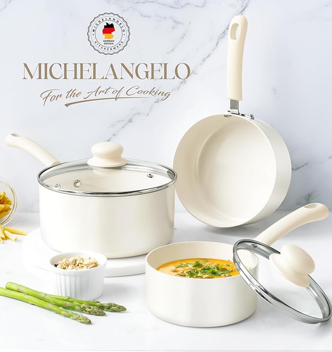 MICHELANGELO Nonstick Saucepan with Lid, Ceramic Sauce Pan Sets, Easy to Clean Sauce Pans, Multi-Purpose Cooking Pots, 1QT & 2QT & 3QT, White - Image 6