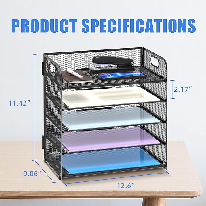 Supeasy 5 Trays Paper Organizer Letter Tray with Handle-Mesh Desk File Holders, Paper Sorter Desk Organizer for Office, Home, Classroom or School - Image 6