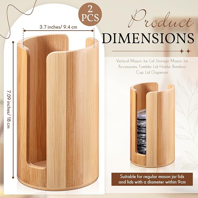 Suclain 2 Pcs Mason Jar Lid Organizer Bamboo Vertical Mason Jar Lid Storage Accessories Tumbler Lids Holder Cup Lids Organizer for Home Kitchen Countertop Cupboard(Only for Wide Mouth) - Image 2