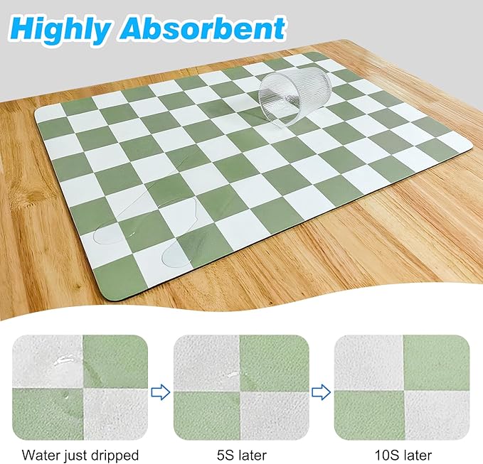 CooRug Checkered Dish Drying Mat for Kitchen Counter, Absorbent Non-Slip Coffee Mat, Heat Resistant Mat for Countertops Coffee Bar Decor 17" x 32" Green - Image 4