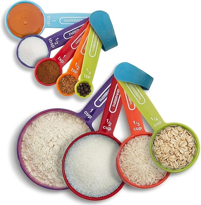 Farberware Kitchen Basics Measuring Cup & Spoon Set – 9-Piece Colorful Nesting Stackable Cups & Spoons with Ring Organizer, Easy-Read Markings for Cooking & Baking, Durable Plastic Kitchen Tools by Farberware