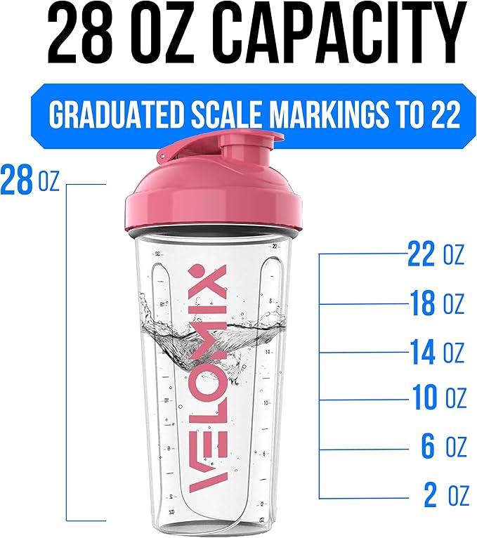 VELOMIX -2 Pack- 28 oz Protein Shaker Bottles for Protein Mixes - 2x Wire Whisk | Leak Proof Shaker Cups for Protein Shakes and Pre Workout | Protein Shaker Bottle Pack (B6) Pink/Transparent