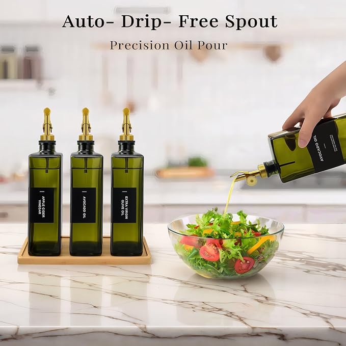 Olive Oil Dispenser Bottle for Kitchen with Bamboo Tray- Glass Oil and Vinegar Dispenser Set 16.9oz, Soy Sauce & Syrup Bottle, Modern Hostess Gift (Green, 16.9oz, Set of 3) - Image 3