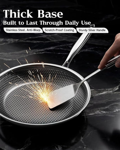 Honeycomb Stainless Steel Nonstick Frying Pan, Induction Cooktop Compatible Skillet, PFOA-Free Scratch-Proof, Dishwasher & Oven Safe, Stay-Cool Handle, Silver Kitchen Cookware - Image 5