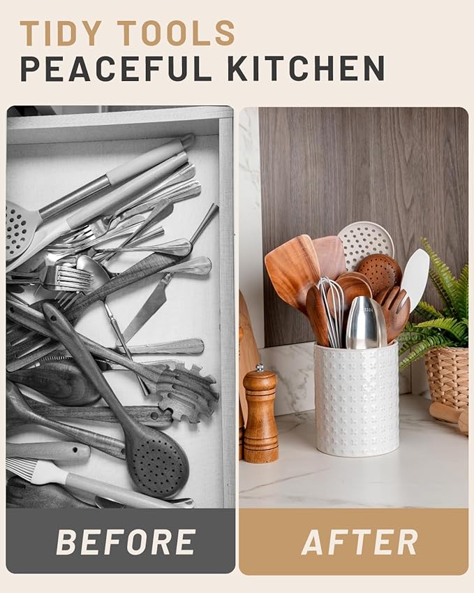 Nucookery 6.4'' Utensil Holder - Ceramic Utensil Holder for Kitchen Counter, Large Capacity Countertop Storage, Farmhouse Style Utensil Crock Organizer for Spoons, Spatulas & Cooking Tools - Image 5