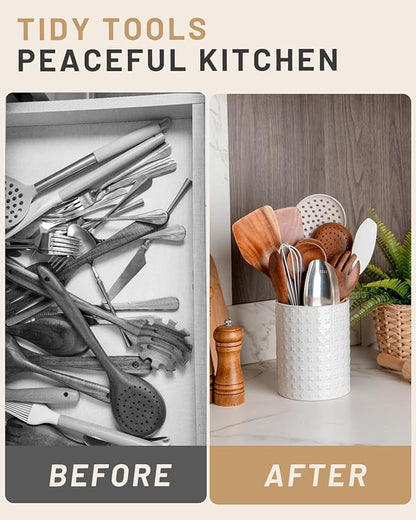 Nucookery 6.4'' Utensil Holder - Ceramic Utensil Holder for Kitchen Counter, Large Capacity Countertop Storage, Farmhouse Style Utensil Crock Organizer for Spoons, Spatulas & Cooking Tools - Image 5
