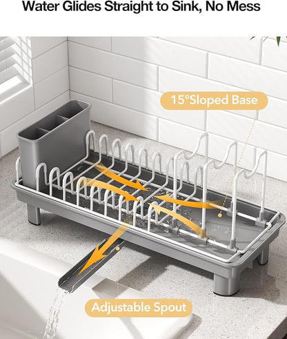 Dish Rack, Carbon Steel Small Dish Drying Rack Rustproof for Kitchen Counter, Compact Space-Saving Dish Drainer with Adjustable Slots for Small Kitchens & Apartments, 16.5×6.5×7inch, Grey - Image 4