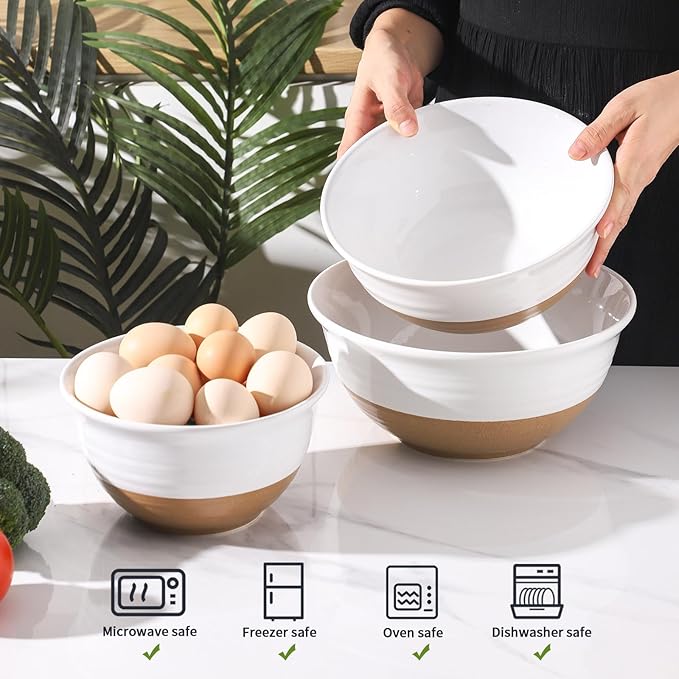 HASENSE Mixing Bowls, Large Ceramic Salad Bowls 2.1/1.5/1.0 Qt, Versatile Serving Bowls for Cooking, Baking, Salad Mixing, Prepping, Nesting White Bowl Set, Dishwasher Safe, Set of 3 - Image 5