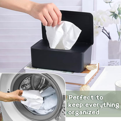 Newtay Dryer Sheet Holder with Hinged Lid,Plastic Dryer Sheet Dispenser Container Storage Box Fabric Softener Sheets Holder for Laundry Room Decor(Black)