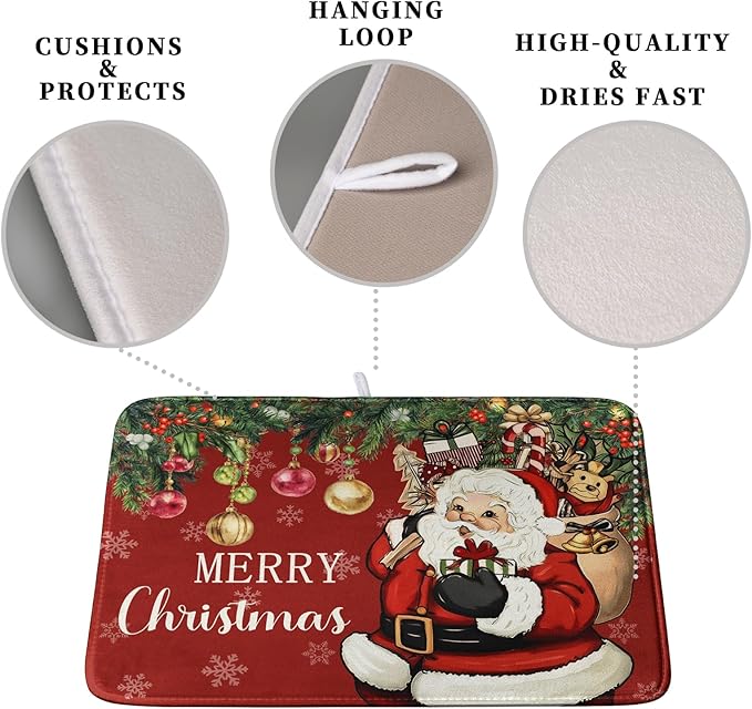 Merry Christmas Dish Drying Mat Santa Claus Kitchen Drainer Mats Microfiber Absorbent Winter Xmas Holiday Dishes Pad Reusable Dish Rack Mat for Countertop Tableware Decor 16x18 Inch - Image 3
