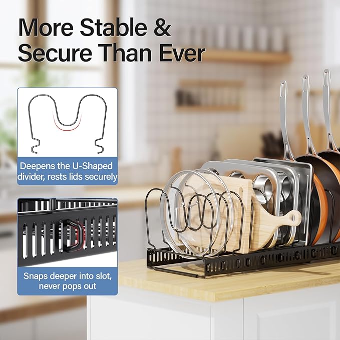 ORDORA Pots and Pans Organizer under Cabinet with Pot Lid Organizer, Expandable Rack for Pan and Pot Organizers Inside Cabinet, 11.8"-22.8" Adjustable with 12 Dividers for Kitchen Organization, Black - Image 4