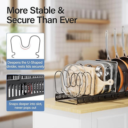 ORDORA Pots and Pans Organizer under Cabinet with Pot Lid Organizer, Expandable Rack for Pan and Pot Organizers Inside Cabinet, 11.8"-22.8" Adjustable with 12 Dividers for Kitchen Organization, Black - Image 4