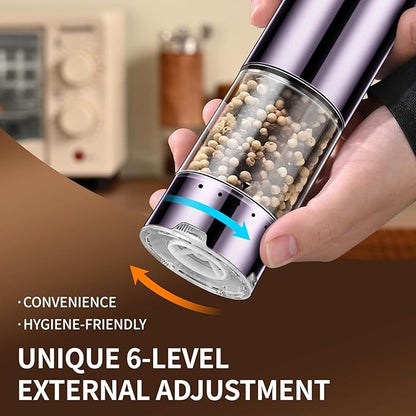 Rechargeable Salt & Pepper Grinder Set - Electric Automatic Grinder, Adjustable Coarseness, LED Light, One-Hand Operation, Stainless Steel & Acrylic, USB Charging, Purple (Set of 2)