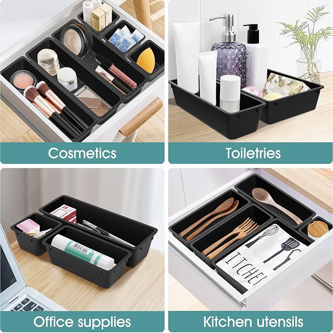 WOWBOX 25 PCS Plastic Drawer Organizer Set, Desk Drawer Divider Organizers and Storage Bins for Makeup, Jewelry, Gadgets for Kitchen, Bedroom, Bathroom, Office, Deep Black - Image 5
