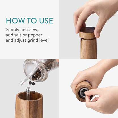 Navaris Salt and Pepper Mill Set with Tray - Adjustable Acacia Wood Salt and Pepper Grinders Shakers with Ceramic Grinding Core for Home, Restaurants