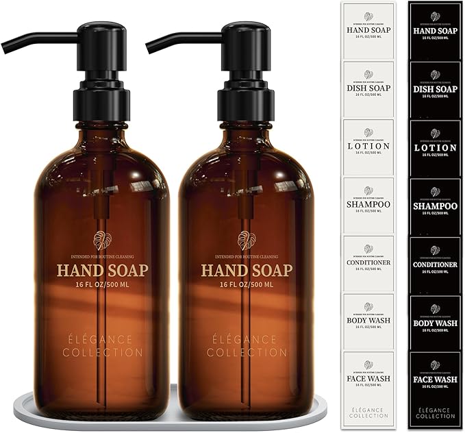 Amber Glass Soap Dispenser for Kitchen Sink and Bathroom - 2 Pack 16oz Slim Profile Bottles with Rust-Proof Stainless Steel Pump, Non-Slip Base & 14 Waterproof Labels for Home Organization by FachixyUS