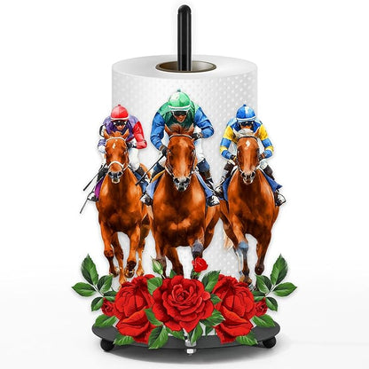 Whaline Horse Racing Paper Towel Holder Countertop Run for Roses Kentucky Derby Decor Large Metal Towel Holder Stand for Horse Racing Party Home Kitchen Bathroom Accessories Supplies