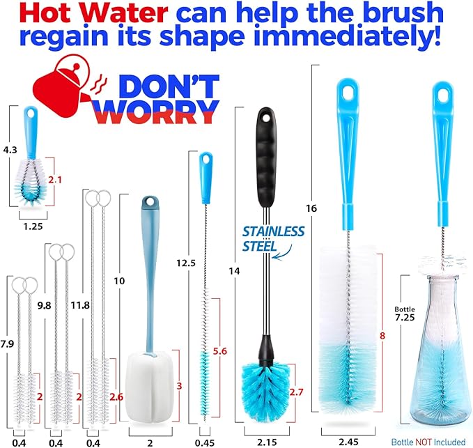 Holikme Bottle Brush Tube Cleaning Lab Set with Long Handle, Cup Cleaner for Washing Narrow Neck Beer Wine Decanter Pipes Lids Sinks Cap Covers, Azul - Image 6