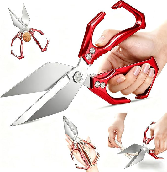 Multifunctional Heavy Duty Poultry Shears, Japanese High-Carbon Steel Kitchen Shears, Kitchen Scissors for Food,Stainless Steel Meat Scissors for Cutting Chicken, Turkey, Meat and Food Prep (Red)