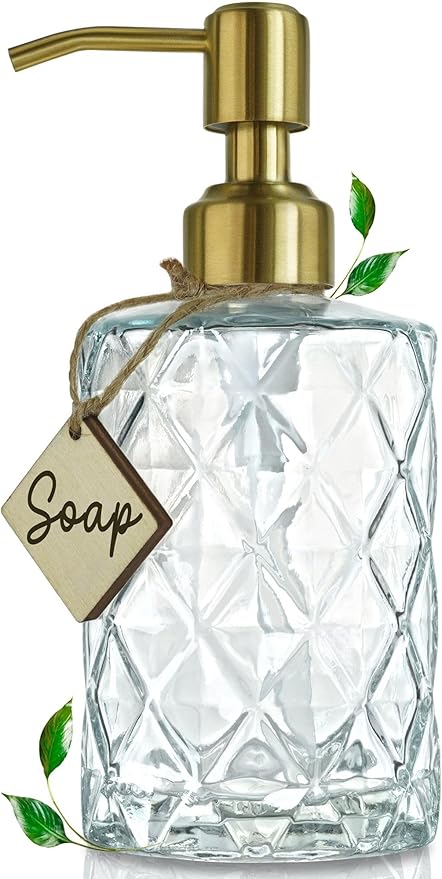 JASAI Diamond Design Glass Soap Dispenser with Golden Pump, Refillable Hand soap Dispenser for Kitchen, Soap Dispenser Bathroom for Soap, Hand soap, Dish Soap, Lotion. by JASAIHOME