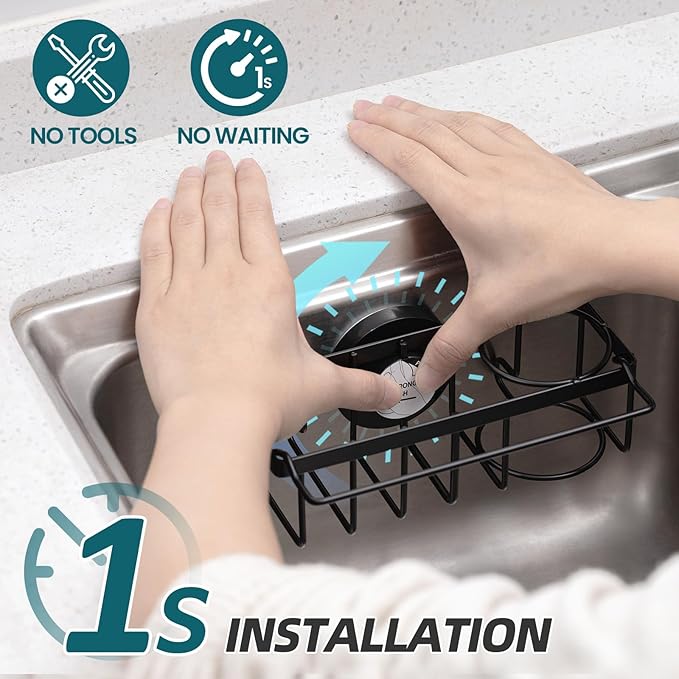 TAILI 4-in-1 Sink Caddy with Strong Suction Cup, Sponge Holder for Kitchen Sink Organizer, Removable, Rustproof, Stainless Steel Holder for Sponge, Brush, Scrubber, Scraper - Black - Image 2