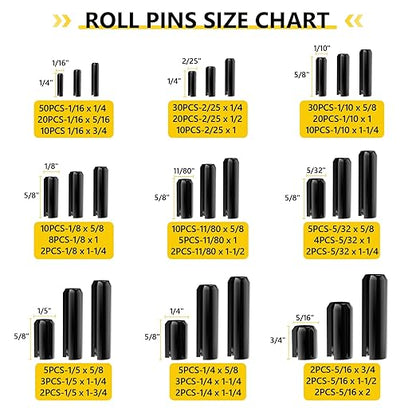 274Pcs Roll Pins Assortment, 65Mn Steel Black Roll Pins - 1/4, 5/16, 11/80, 5/32, 1/5, 1/16, 2/25, 1/10, 1/8 for Home Automotive Repair