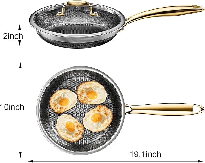 FogDream 10 Inch Stainless Steel Frying Pan with Lid, Honeycomb Hybrid Nonstick Skillet for Induction & All Cooktops, PFAS/PFOA/PTFE Free, Oven Safe to 500°F, Stay-Cool Handle, Dishwasher Safe, Gold - Image 5