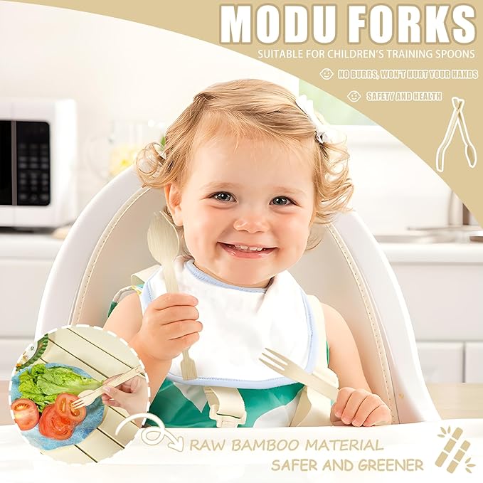 Bamboo Forks Set, 30 Sets Disposable Cutlery (30 Biodegradable Forks, 30 Compostable Spoons), Detachable 3 in 1 Bamboo Spoons and Forks, Multi-functional Chopstick Tongs