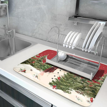 Christmas Snowman Dish Drying Mat for Kitchen Counter 18x24 Inch Watercolor Xmas Tree Bird Print Absorbent Reversible Microfiber Drying Mats Kitchen Countertop Protector Dishes Drainer Rack Pad - Image 5