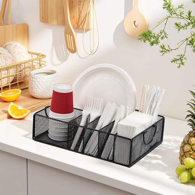 Utensil Caddy with Handle, Metal Paper Plate Holder for Kitchen Counter,Silverware Cutlery Caddy Organizer Flatware Storage for Plastic Spoon Fork Plates Napkins Cup Party Camping Black - Image 4