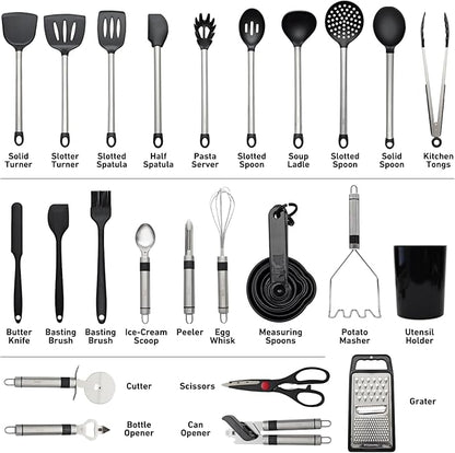 Silicone Kitchen Utensils Set 33 PCS Heat Resistant Food Grade Silicone Utensils Set for Cooking with Stainless Steel Handles BPA Free Kitchen Gadgets Tools Set with Holder Safe for Nonstick Cookware
