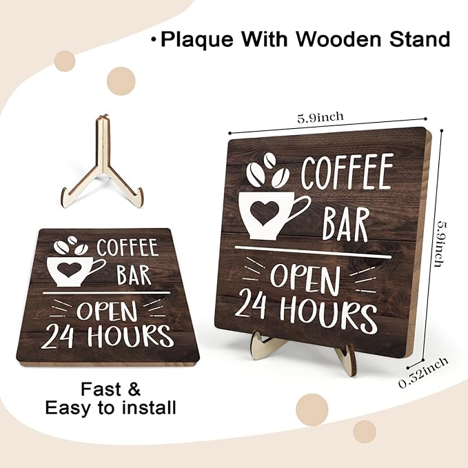 Coffee Bar Sign Plaque Decor, Vintage Farmhouse Kitchen Counter Sign for Coffee Station Kitchen Office,Cafe Bar Accessories, Open 24 Hours Mini Bar Decor(Brown4, 5.9x5.9inches) - Image 2