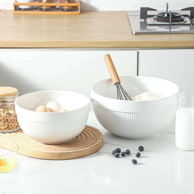 Ceramic Large Mixing Bowls for Kitchen, Set of 2 Big Serving Bowls for Cooking, Popcorn, Salad, Soup, Baking, Dough Bread Making Bowl, 10 inch + 8 inch, White - Image 6