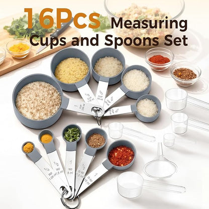 16PCS Measuring Cups and Spoons Set, Measuring Spoon Set with Metric and US Measurements, Fits for Measuring Dry and Liquid (Grey) - Image 2