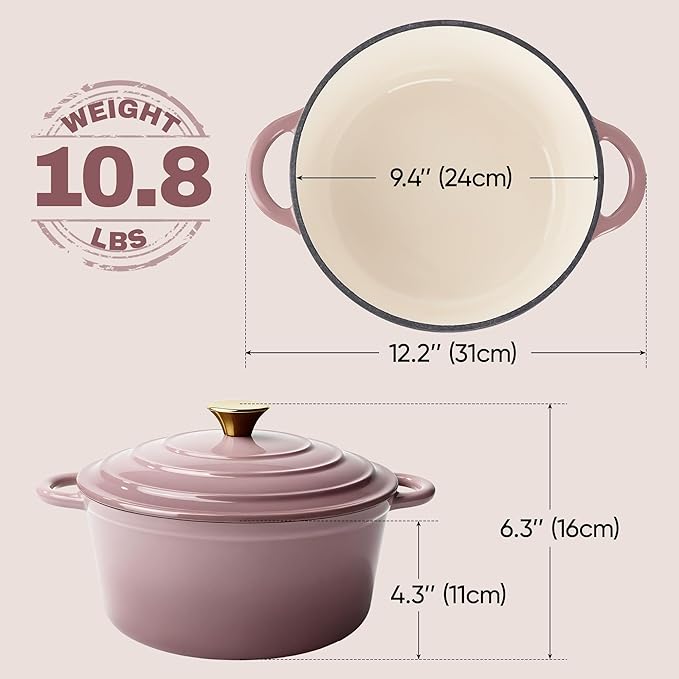 4.5 Quart Dutch Oven Pot with Lid, Non Stick Enameled Cast Iron Dutch Oven for Bread Baking, Heavy-Duty, Oven Safe Ceramic Cookware Up to 500°F for Baking, Braising, Stews, Roasting, Pink - Image 4