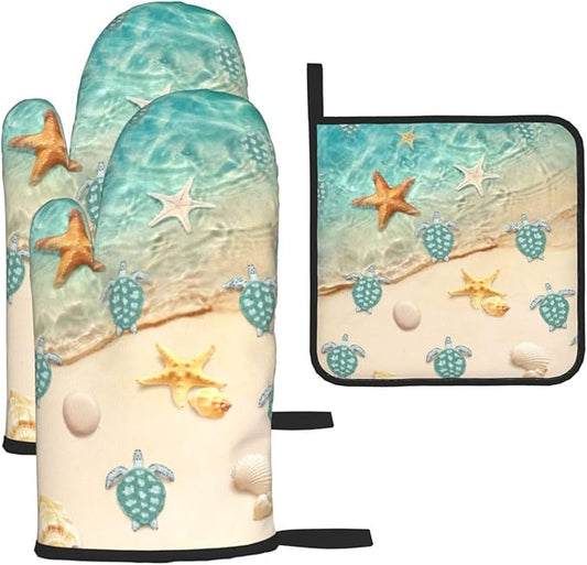 Sea Turtles Beach Oven Mitts and Pot Holders Sets of 3 Nautical Kitchen Decor Heat Resistant Hot Pads Teal Nautical Decorative Oven Gloves for Cooking Grilling Baking by Unknown